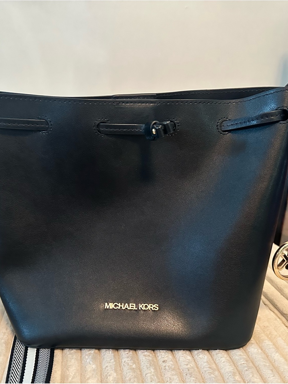 Michael Kors Black Leather Drawstring Shoulder Bag with Gold Logo